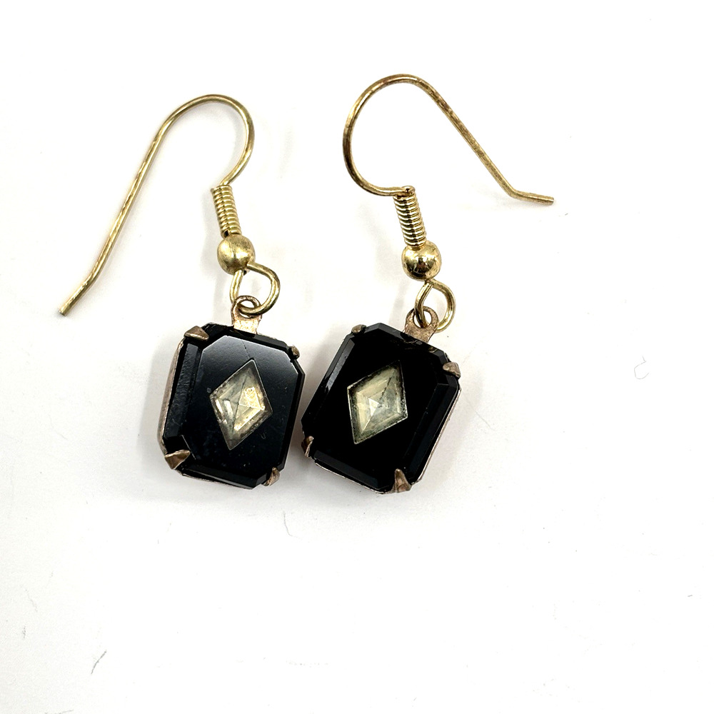 Vintage Art Deco Style Black Glass & Crystal Dangle Earrings Gold Tone